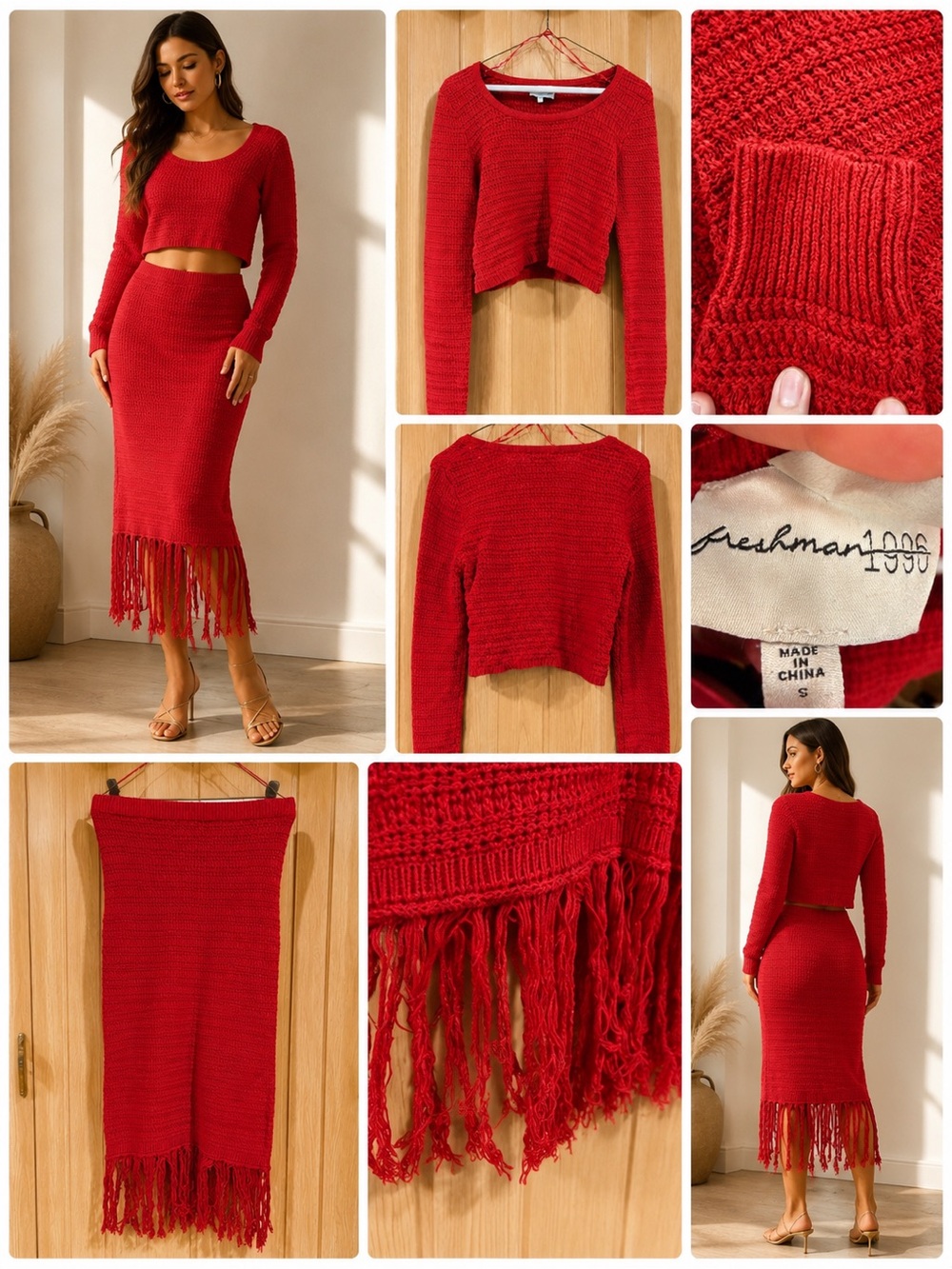 Freshman Red Knit Fringe Maxi Skirt Set with Cropped Sweater